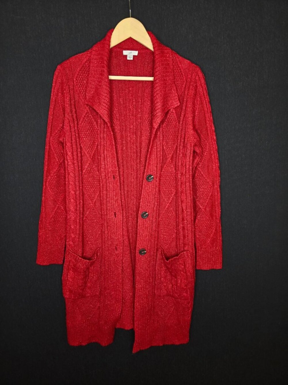 💙 J. Jill Red Cable Knit Long Cardigan Sweater M/L Shawl Collar Button Front
